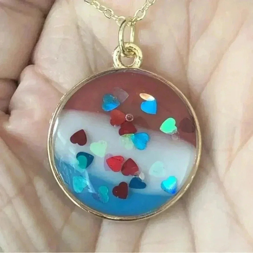Handmade Resin Hearts and Stripes Independence Day 4th of July Gold Necklace
